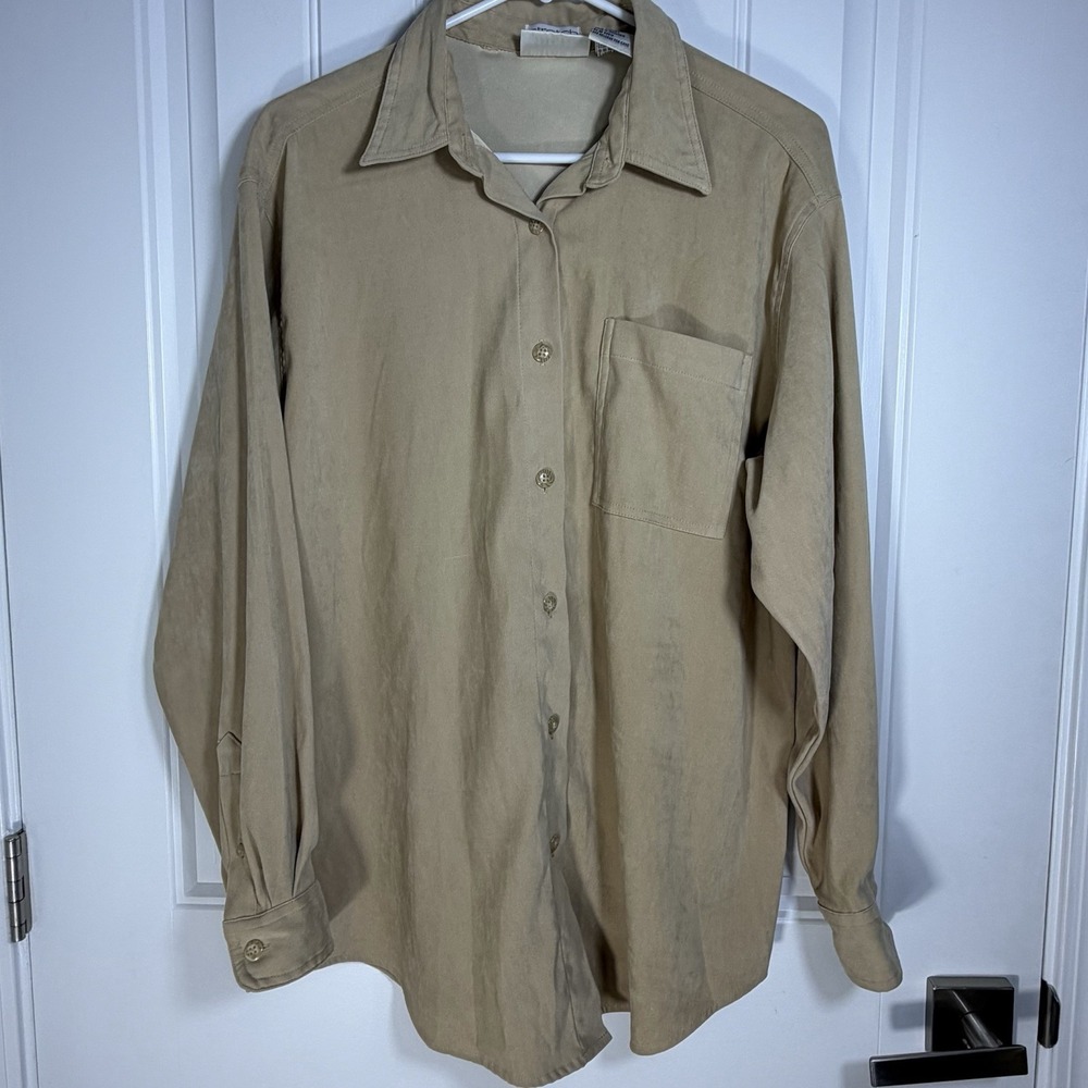 Bill Blass Jeans Tan Stretch Button Down Shirt Women's Medium Oversized Utility